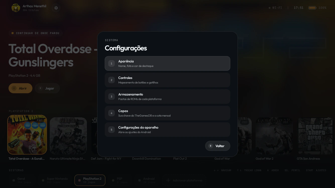 Menu de configurações do Retrolux: aparência, controles, armazenamento, integrações e as configurações do Android.