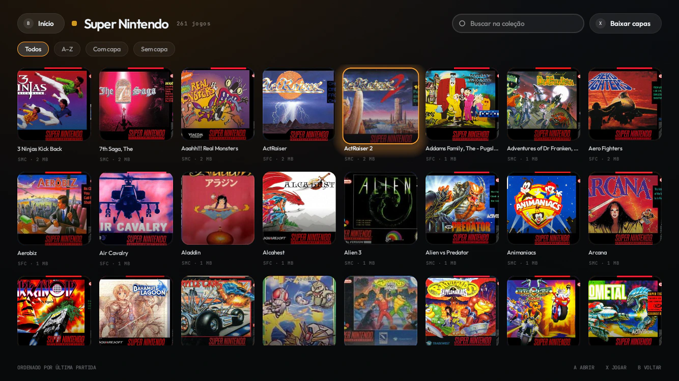Coleção do Super Nintendo em grade, com 261 jogos, busca, filtros por capa e o formato e tamanho de cada ROM.